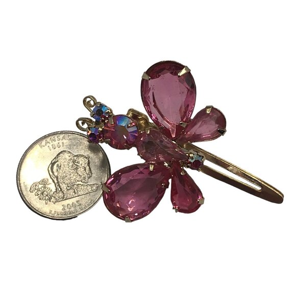 Gold Tone Pink Prong Set Rhinestone Butterfly Hair Clip, M123 main image 5